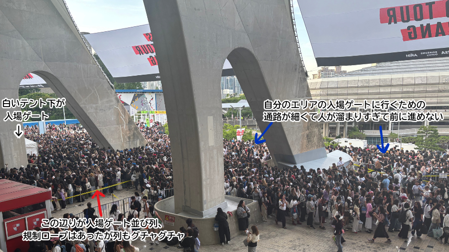 2026年6月12日BTS釜山公演の入場ゲートの様子
・入場ゲートの並び列に規制ロープはあったが列はグチャグチャ
・自分の指定エリアの入場ゲートへ行くための通路が細く人が溜まりやすい構造になっていて前に進むことが難しい状況だった