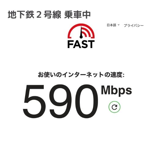 地下鉄2号線乗車中のahamo通信速度（590Mbps）